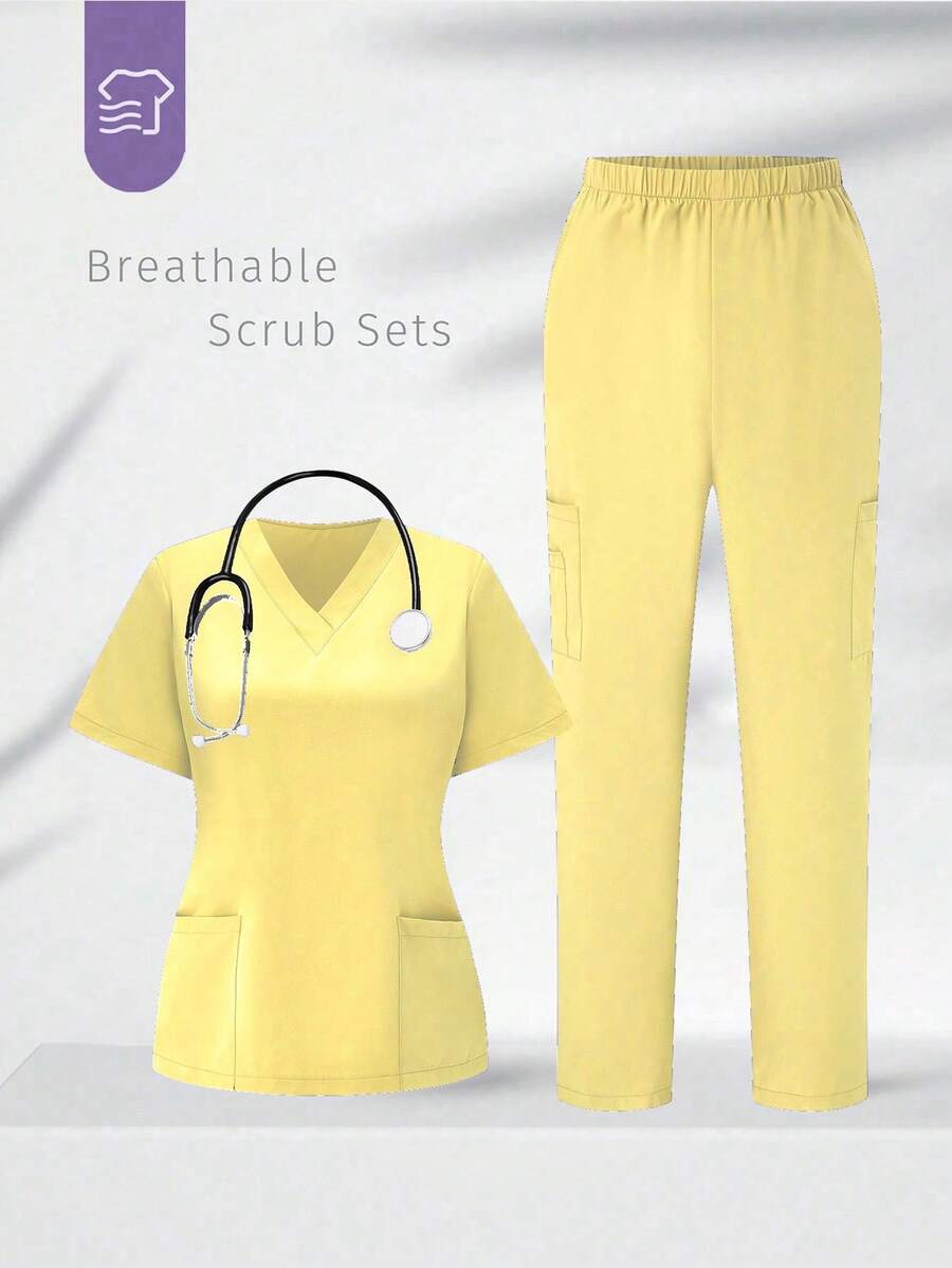 TaskEZ Scrubs Set: V-Neck Short Sleeve Top & Pants Scrub Uniform For Healthcare Workers - Yellow - View 1