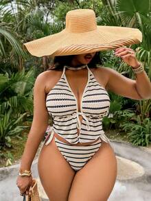 Slaydiva 2026 Hot Selling Plus Size Women 2 Pieces Solid White Fashionable Casual Vacation Daily Wear Halter Tie-Front Bikini Swimwear Set Beach Summer - Baby Pink - View 4