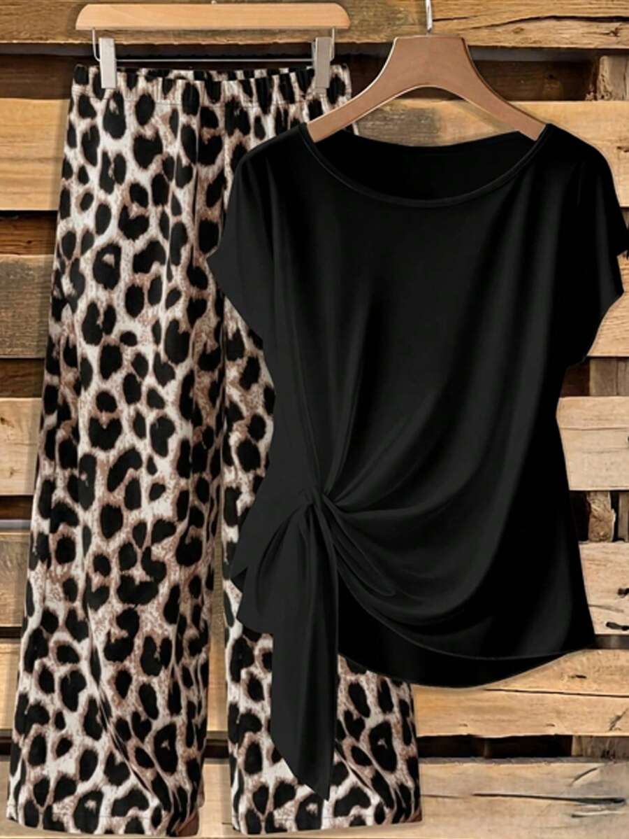SHEIN Clasi Women's Tie Bow Blouse And Straight Leg Pants 2 Pieces Set, Leopard Print Outfit, Summer Clothing For Ladies - Multicolor - View 1