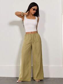 SHEIN PETITE 条纹抽绳阔腿裤 可爱夏季度假休闲优雅沙滩亚麻风长裤 女士办公着装 春季女装 - 綠色 - 查看 3