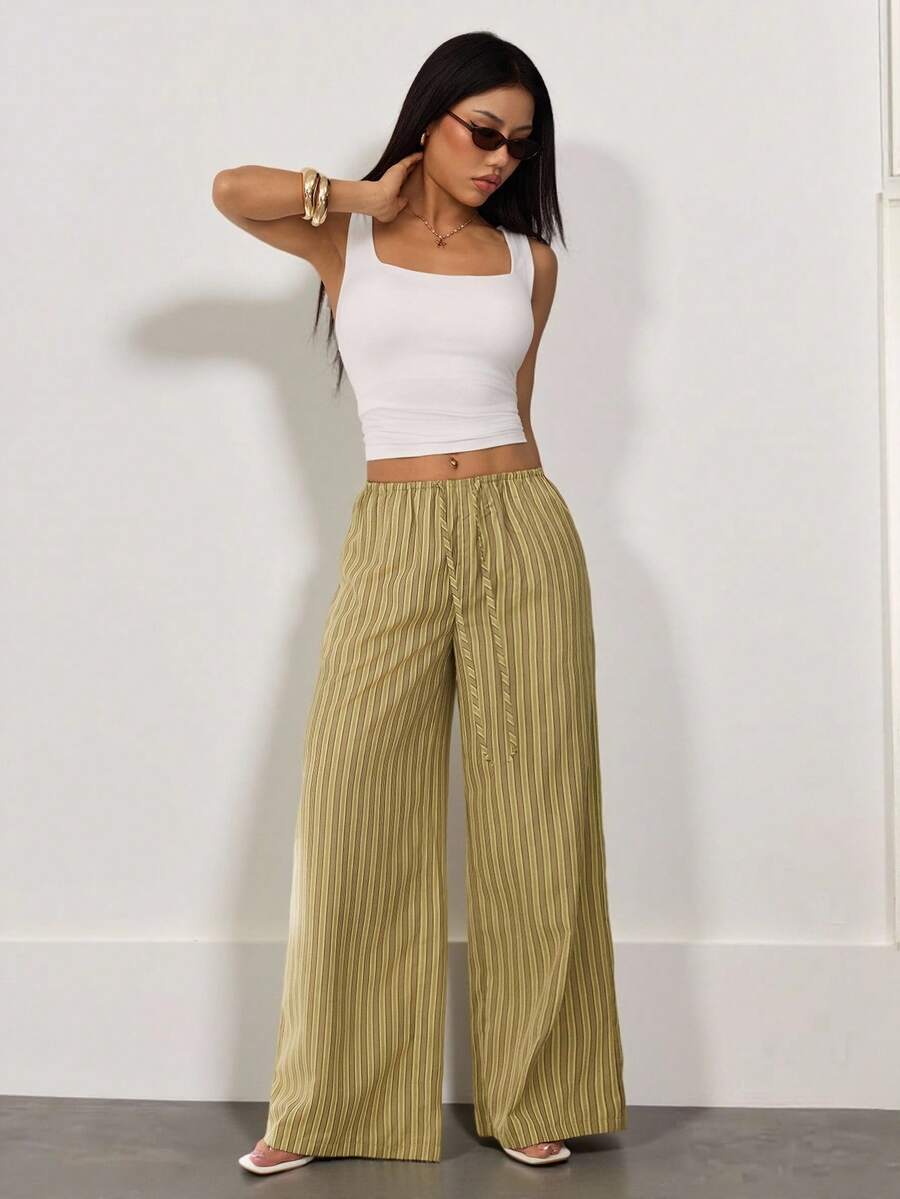 SHEIN PETITE 条纹抽绳阔腿裤 可爱夏季度假休闲优雅沙滩亚麻风长裤 女士办公着装 春季女装