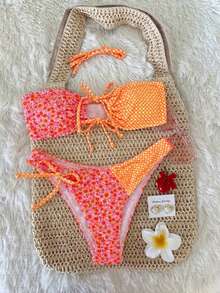 Women's Random Print Spaghetti Strap Tie-Front Bikini Set, Spring/Summer - Multicolor - View 2