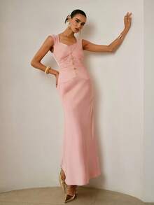 ZEYLAH Langes Kleid mit geraffter Taille und Meerjungfrauensaum, ohne Ärmel - Pink - Übersicht 7