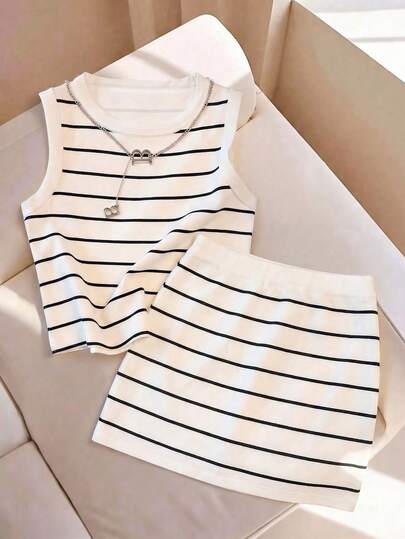 GlowEve Spring And Summer Bestsellers: Simple, Casual And Everyday, A Two Pieces Set Of Digital Printed Black And White Striped Slim-Fit Vest And Short Skirt