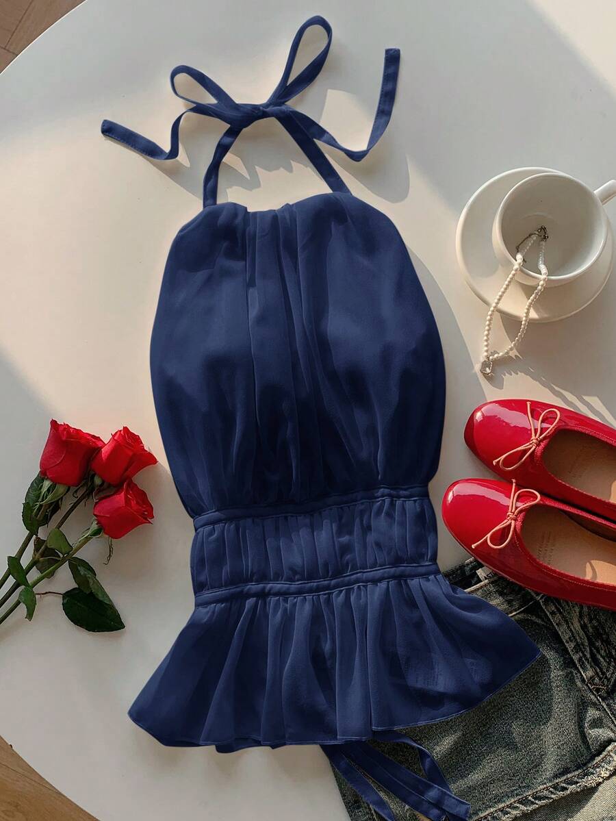SHEIN EZwear 女士夏季纯色褶皱露背吊带抽绳上衣 - 藏蓝色 - 查看 1