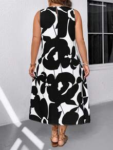 EMERY ROSE Plus Size Round Neck Sleeveless Contrast Color All-Over Print Loose Casual Summer Dress - Black and White - View 2