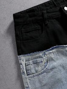 Manfinity Denimwave 男士休闲拼接毛边多色牛仔短裤，街头风 - 彩色 - 查看 5