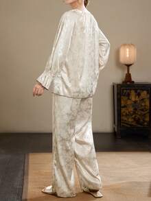 DAZY Elegant Jacquard Satin Ruffle Trim Loose Women Pajama Set - White - View 2