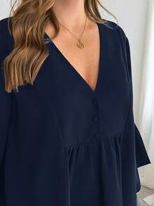 Shapeblank Plus-Size Women's Navy Blue Summer Elegant Everyday Work Casual Loose Comfortable V-Neck Ruffled Blouse, Fashion Top,Summer Outfits - Navy Blue - View 6