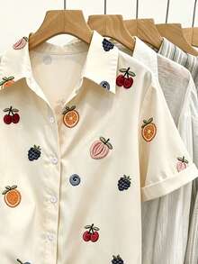 Resyla Women's Fruit Embroidery Short Sleeve Button-Down Casual Shirt - Multicolor - View 5