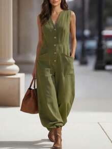 LUMIGAL Bộ jumpsuit nữ không tay cổ chữ V có túi cài cúc, ống đứng, thời trang xuân/hè. - xanh quân đội - Xem 4