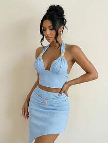 Swim SXY Jupe asymétrique à ourlet texturé avec boucle métallique pour femmes, printemps/été - Bleu azur - Voir 6