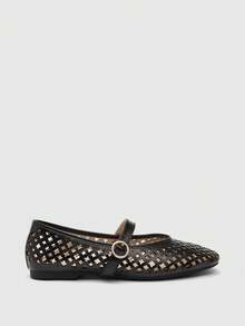 CUCCOO BIZCHIC Sepatu Flat Wanita Musim Semi dan Musim Panas Warna Hitam dengan Desain Laser, Ujung Persegi Berongga, dan Tali Pengikat, Nyaman, Lembut, dan Sederhana untuk Komuter. - Hitam - View 2