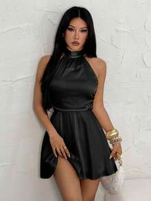 SHEIN PETITE Đầm ngắn cổ yếm xoắn nhún màu trơn không lưng dành cho nữ, đầm mùa thu cho nữ, đầm Giáng sinh, đầm năm mới, đầm Lễ Tạ ơn, đầm dự tiệc thanh lịch, đầm dự đám cưới, đầm dạ hội, đầm trang trọng, đầm dạ tiệc sang trọng cho đám cưới - màu đen - Xem 4
