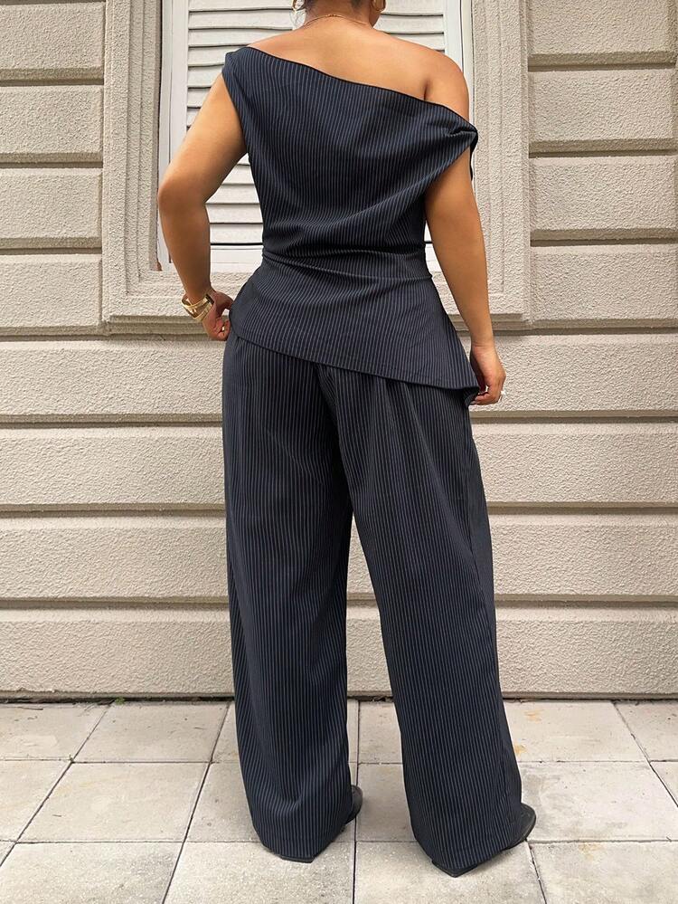 Dazy Plus Asymmetric Hem Crop Top And Casual Pants Two Pieces Set, Business Casual Plus Size Women Spring/Summer