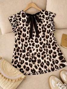 SHEIN Frenchy Plus Size Women Leopard Print Fabric Bowknot Back Design Contrast Color Fitted Fashion Blouse - Multicolor - View 5