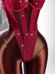 女士时尚性感亮片撞色网纱连体衣 - 酒紅色 - 查看 7