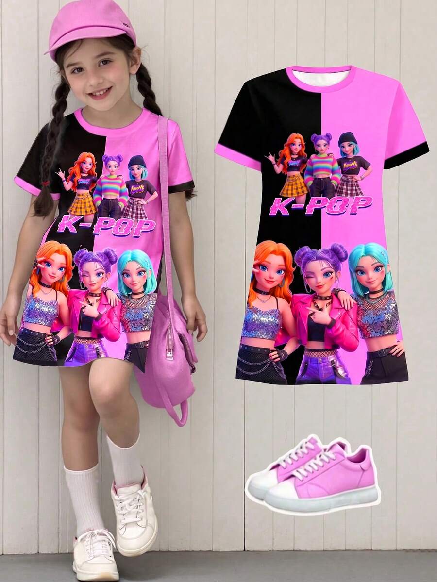少女粉色夏季校服洋裝，K-POP女團五角星與字母印花拼色短袖T恤洋裝，休閒時尚創意個性化 - 彩色 - 查看 1