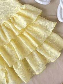 少女度假迷你连衣裙，胸部采用弹性褶皱设计，系带领口，蝴蝶结装饰，层叠褶皱，可内搭或外穿，夏季连衣裙，纯白色连衣裙 - 黃色 - 查看 5