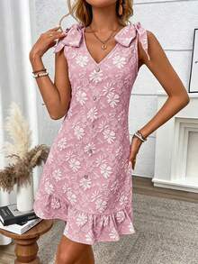 EMERY ROSE Women's V-Neck Ruffle Hem Dress, Made Of 3D Floral Textured Fabric With Floral Embroidered Button Details And Ruffle Hem, Bridesmaid Wedding Guest Cocktail Mini Dress - Pink - View 1