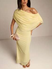 Women's Elegant Asymmetric Ruched Draped Neck Mesh Fitted Dress, Suitable For Spring/Summer, Garden Party, Date, Valentine's Day, Wedding Guest, Beach Vacation - Yellow - View 3