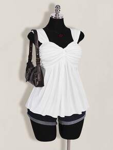 SHEIN ICON 大码女式黑色扭结前襟无袖娃娃衫针织上衣，Y2K风格返校夏季可爱上衣 - 白色 - 查看 3