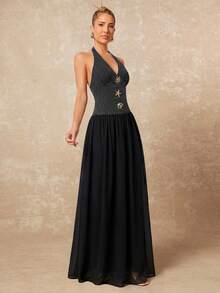 Lumalex Black White Polka Dot Halter Maxi Dress,Summer Elegant Party Day Party Night Gown,Deep V Neck Starfish Shell Embellished Chiffon Backless Dress - Black - View 9