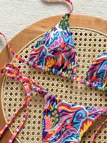 SHEIN Swim Vcay 女士复古印花露背系带性感丁字裤比基尼套装，适合海滩度假 - 彩色 - 查看 5