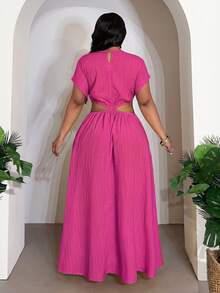 Veslaya Plus Size Women's Blush Pink Summer Formal Holiday Vacation A-Line Dress,Crinkle Waist Cutout Round Neck Short Sleeve Party Elegant Banquet Holiday - Hot Pink - View 4
