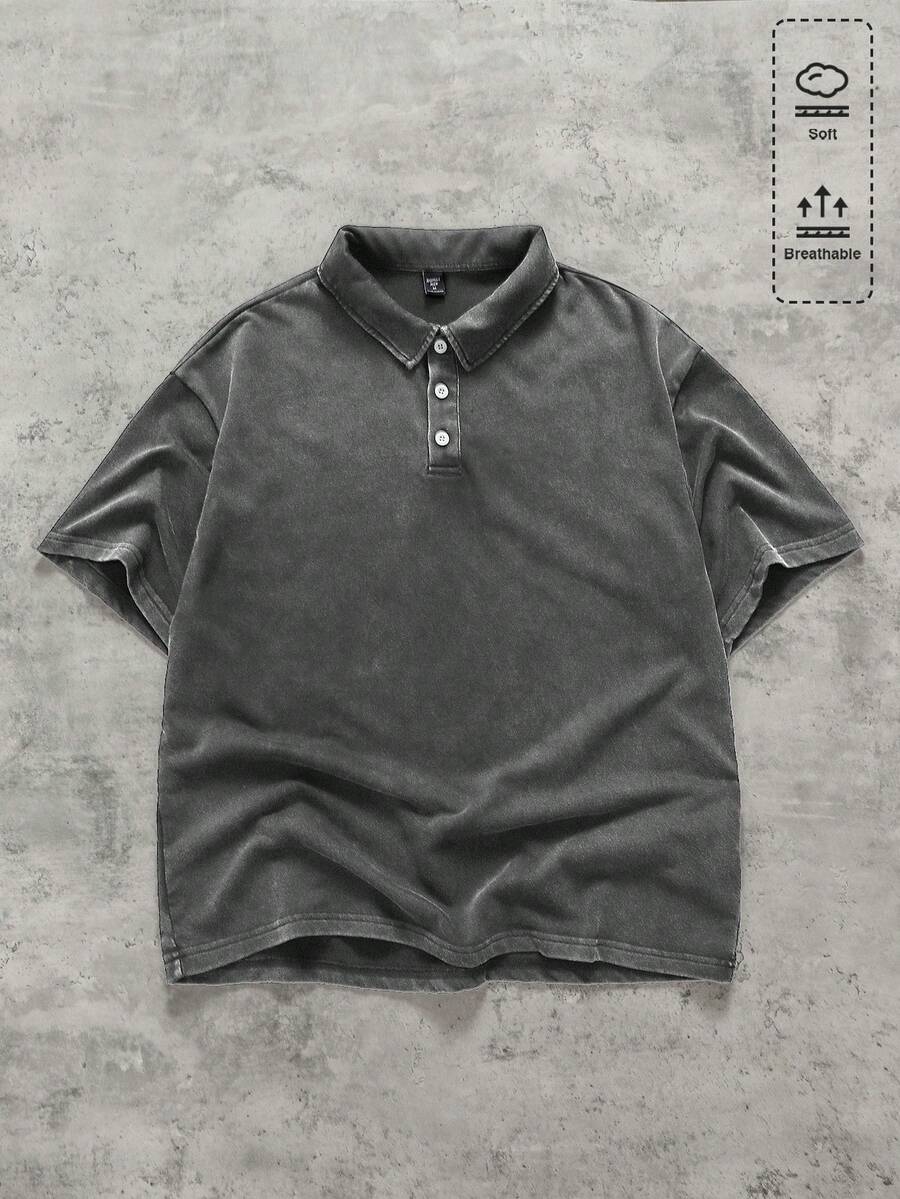 ROMWE MEN Essentials 男士水洗复古宽松 Polo 衫,复古街头风 - 黑色 - 查看 1