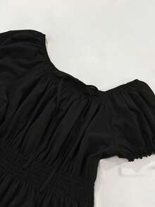 INAWLY 女士新款春夏复古休闲船领露肩双面荷叶边下摆红色纯色T恤上衣，Y2K复古学院风露肩性感设计褶皱腰部红色短袖上衣，适合上学、购物、聚会、日常穿着 - 黑色 - 查看 3