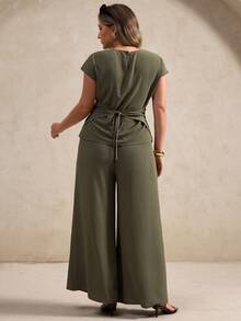 SHEIN Privé Plus Size Women Spring/Summer Twist Knot Cinched Waist Elegant Suit - Army Green - View 2