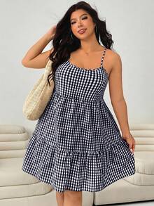 Solflare Navy Plaid Plus Size Women Sleeveless Dress - Navy Blue - View 5