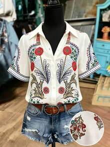 EMERY ROSE Camicia a maniche corte con colletto e stampa floreale, blusa da vacanza per donna - Multicolore - Visualizzare 1