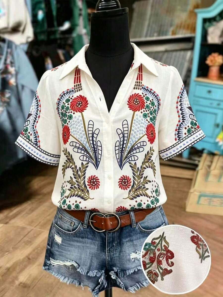 EMERY ROSE Camicia a maniche corte con colletto e stampa floreale, blusa da vacanza per donna - Multicolore - Visualizzare 1