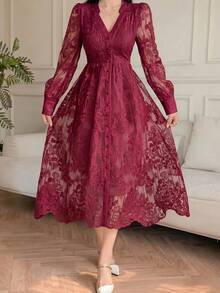 Vestido midi de mujer con cuello en V de encaje y mangas de pétalo, primavera/verano - Burdeos - Ver 3