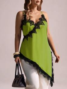 Elegantrix Plus Size Women Urban Casual Lace Asymmetric Hem V-Neck Patchwork Solid Color Camisole - Olive Green - View 3
