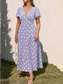 Juhart Large Polka Dot Deep V-Neck Ruffle Sleeve Vacation Dress - Mauve Purple - View 1