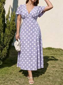 Juhart Large Polka Dot Deep V-Neck Ruffle Sleeve Vacation Dress - Mauve Purple - View 4