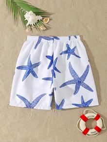 SHEIN Đồ bơi liền thân cho bé trai tuổi teen, kiểu quần short ống rộng, phong cách nghỉ mát biển, nền trắng tinh với họa tiết sao biển 3D màu xanh in khắp bề mặt, thời trang, thoải mái, thích hợp cho bơi lội, kỳ nghỉ hè, bãi biển, hồ bơi, tiệc tùng ngày lễ. - Xanh và trắng - Xem 3