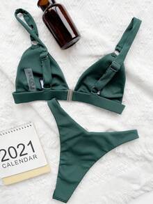 Sọc Bộ Bikini Vòng liên Dây đeo có thể điều chỉnh Tam giác Bras & Cao eo 2 mảnh Bộ đồ tắm - Màu xanh lá cây đậm - Xem 2