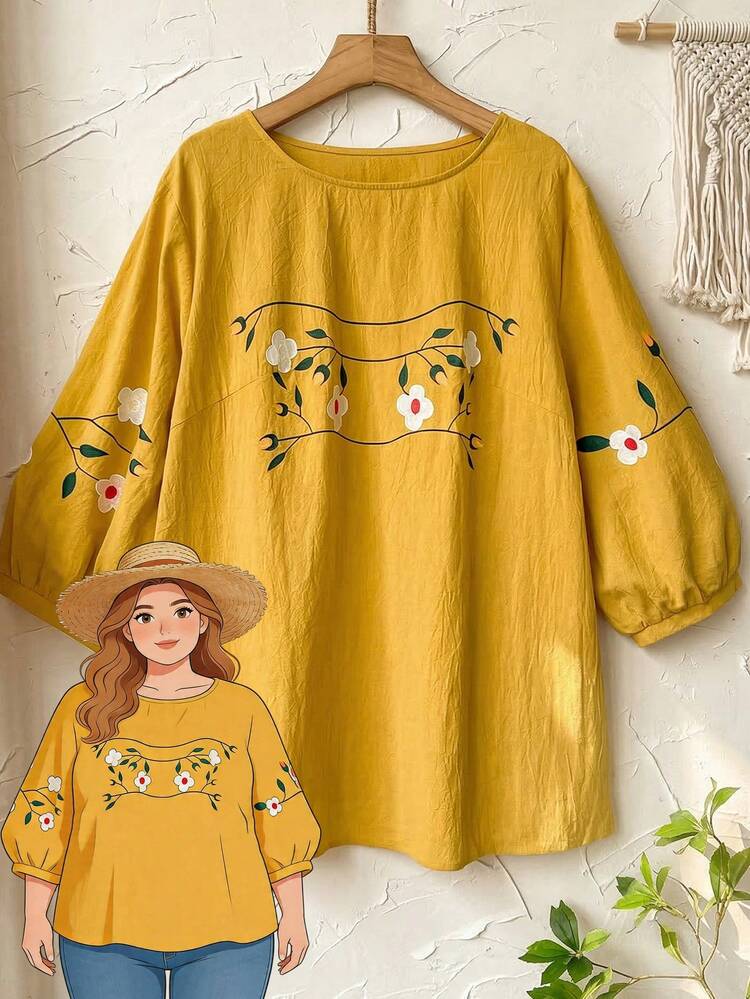 Plus Size Women Floral Print Round Neck Casual Versatile Daily Wear Shirt,Summer Outfits For Women Blouse For Women Casual Modern Yellow Blouse Flower Embroidered Top Puff Sleeve Top Womens Casual Top Zanzea Blouses For Women Yellow Tshirts For Women Yellow Tops For Women Elegant Blouses For Women New T Shirt Yellow Top Blouse