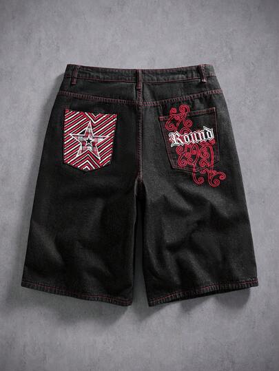 Manfinity Denimwave Quần short denim ống rộng, dáng suông, màu trơn, thời trang đường phố mùa hè, phong cách retro, có túi sau, họa tiết kẻ caro, chắp vá, thêu hình ngôi sao, chữ cái, dây leo, thiết kế đinh tán, độc đáo, đa năng.