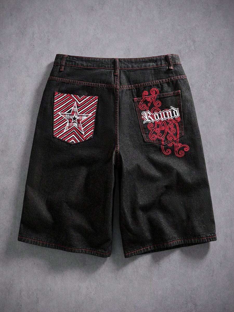 Manfinity Denimwave 夏季街头时尚复古后袋格子拼接星形字母藤蔓刺绣铆钉设计小众百搭纯色宽松阔腿牛仔短裤 - 黑色 - 查看 1