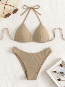 Oceva Solid Color Swimwear Set, Khaki, Women's Bikini For Holiday, Party, Beach, Spring/Summer Sexiest - Khaki - View 5
