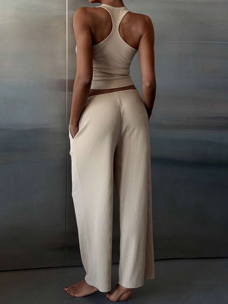 Women's Solid Color Minimalist Ribbed Knit Tank Top And Pants Loungewear Set, Summer