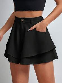 Shapeblank Plus Size Women's Fashion Casual Commuter Business Women Clothes Double-Layer Hem Ruffled Hem Fall Pants White Commuter Shorts - Black - View 3