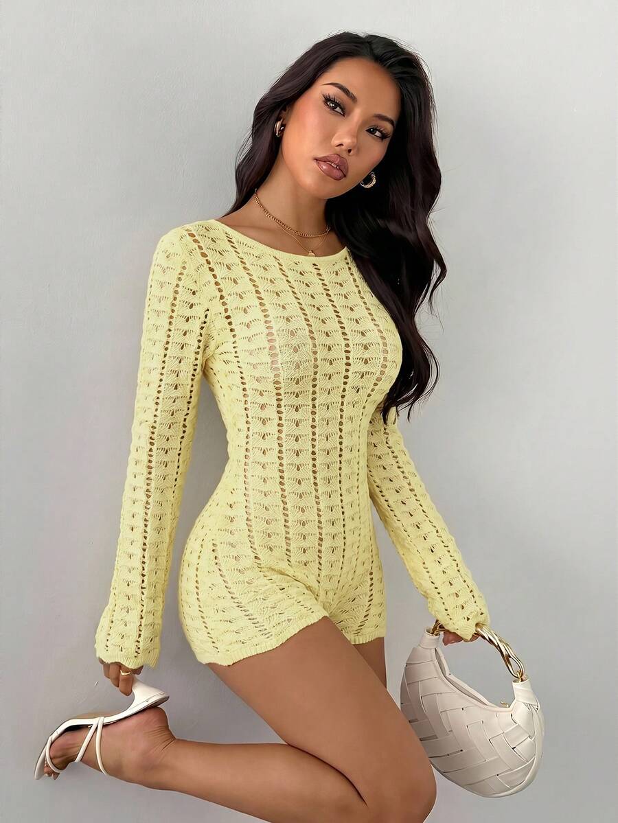 SHEIN PETITE 女款性感純色鏤空露背針織連身褲,秋冬款,適合嬌小女性 - 淡黃色 - 查看 1