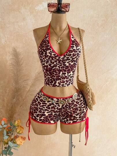 Soleia Bộ đồ 2 mảnh mùa xuân/hè dành cho nữ: Áo croptop dệt kim kẻ sọc đỏ trắng tương phản và quần short ôm sát cạp siêu thấp, thích hợp cho tiệc tùng, hẹn hò, đi biển, du thuyền, lễ hội hóa trang, lễ Phục sinh.