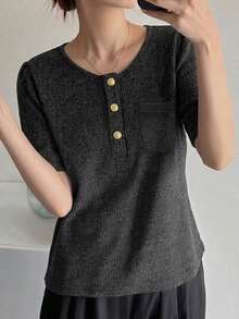 FRIFUL Tricou de vară pentru femei, cu guler polo, mânecă scurtă, decorat cu nasturi metalici și decorat cu nasturi, model vară - Negru - Vizualizare 4